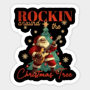 Rocking Around The Christmas Tree Santa Rock and Roll Guitar Sticker